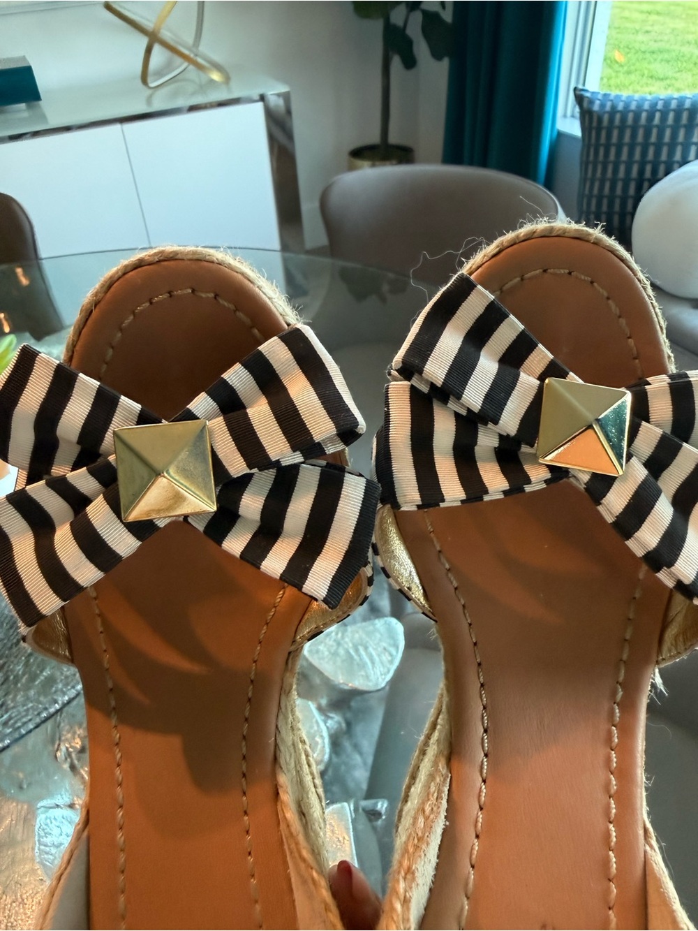 kate spade Black & White Striped Bow Espadrille Wedge Sandals with Gold Studs - Picture 7 of 7